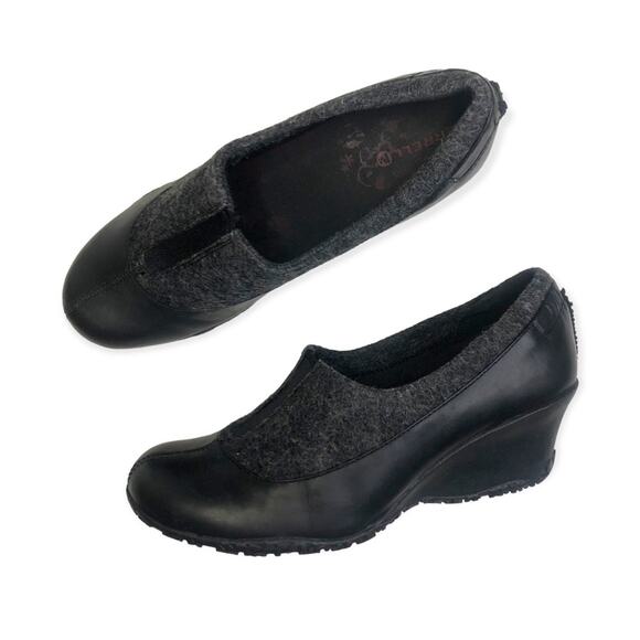 Merrell Tulip Wedge Heel Size 8 Black Leather Grey Wool Arch Suport Comfort - Picture 1 of 12